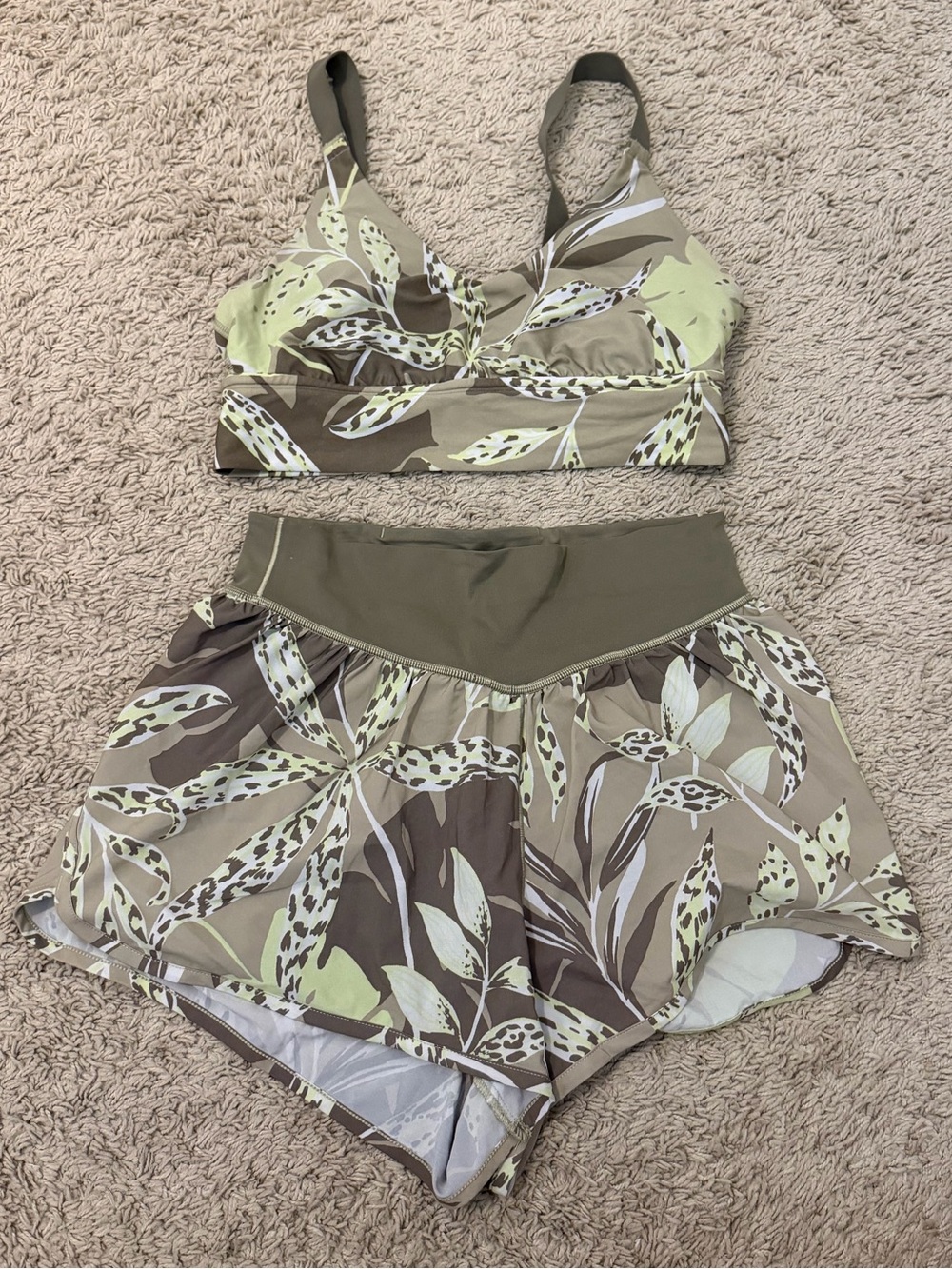 aerie Olive Green Floral Sports Bralette & Shorts Set